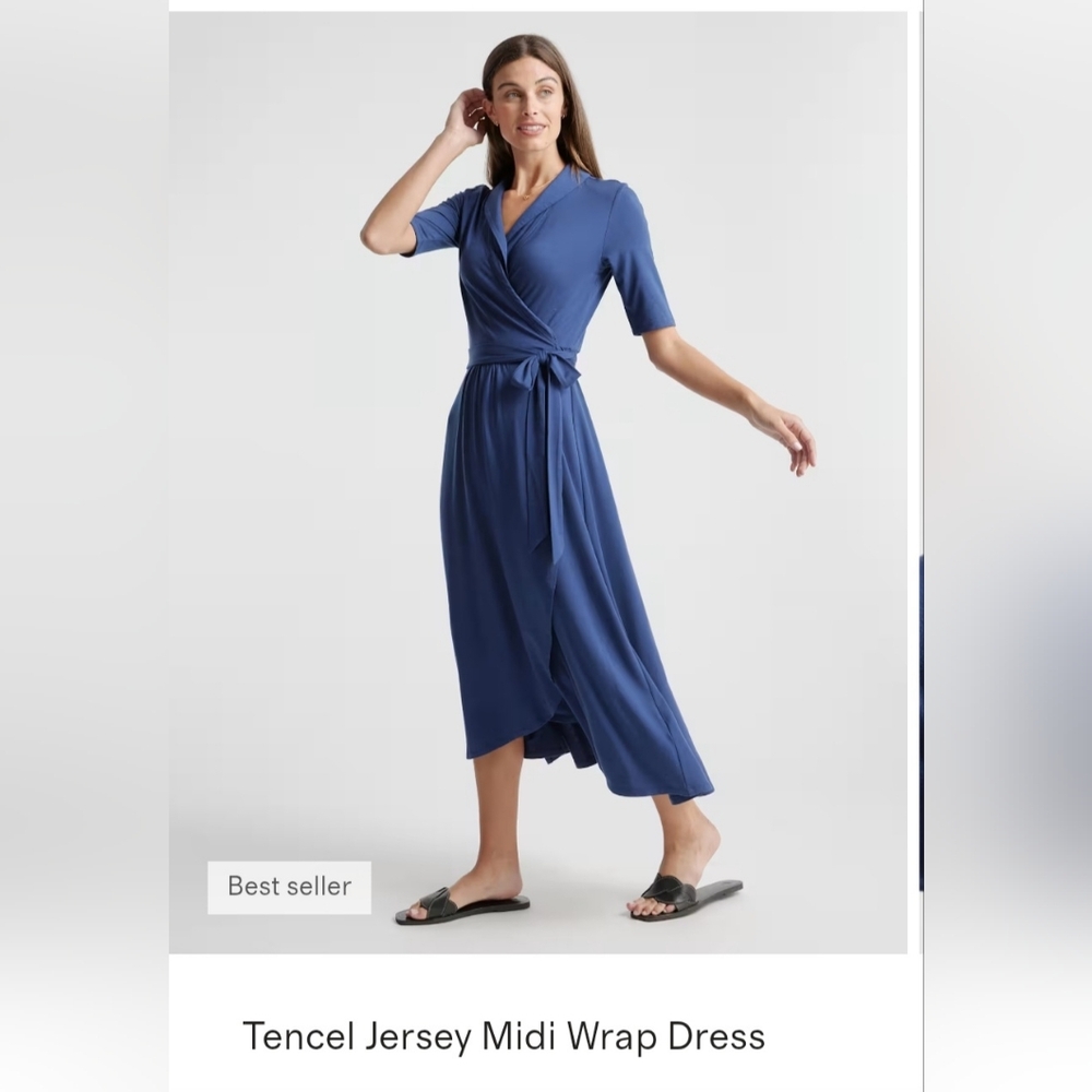 Quince Navy Tencel Jersey Midi Wrap Dress Sz S
